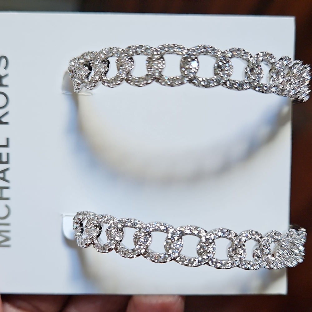 Michael Kors Platinum Plated Pave Frozen Curb Hoop Earrings